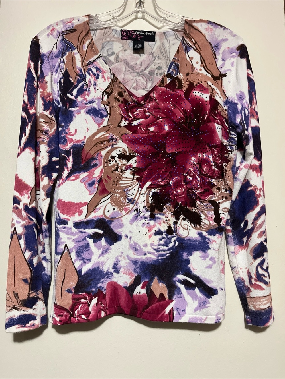 Peck & Peck Floral V-Neck Sweater - Magenta, Purple & Cream